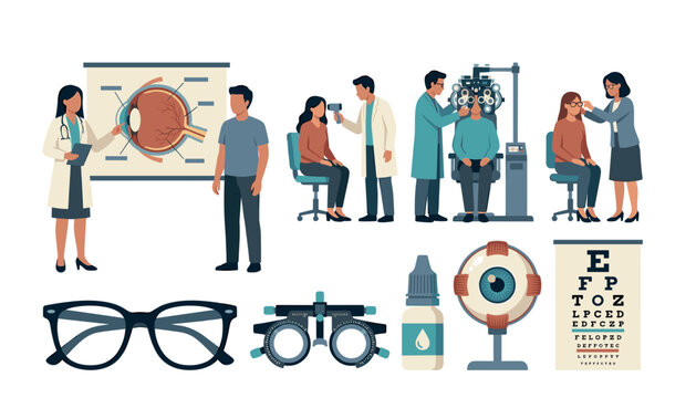 Eye care medical concept vector illustration with ophthalmologist checking patient vision anatomy diagram glasses and optometry equipmentPrint