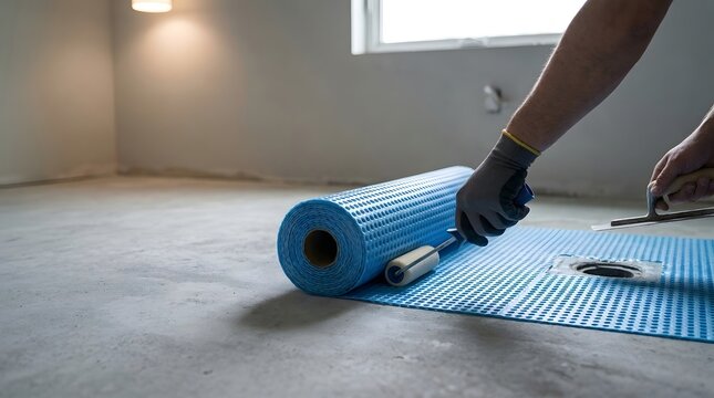 Professional worker installing blue dimpled waterproof membrane on concrete shower floor with hand roller and trowel for moisture barrier protection during home renovation project interior