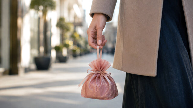 Woman carrying a small pink gift bag while walking along an elegant city shopping street
