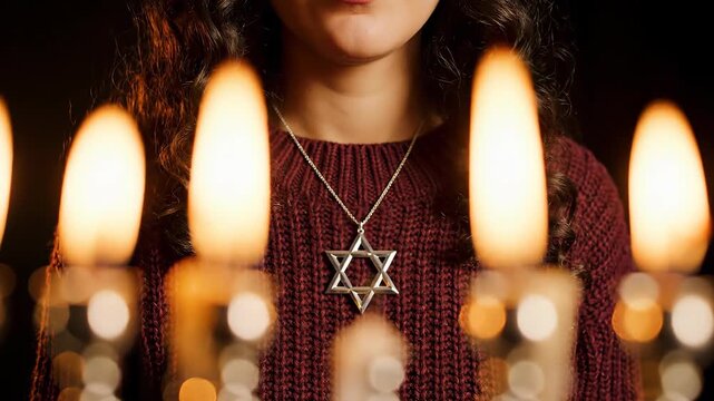 Burning Hanukkah menorah candles with woman in background during jewish holiday