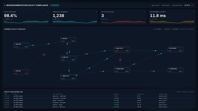 Advanced 4k microsegmentation policy compliance dashboard with live segment topology security metrics, for enterprise network security, cloud infrastructure, threat