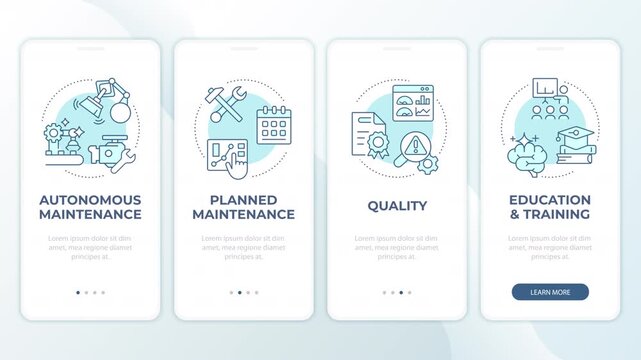 Smart factory operational efficiency animated mobile app onboarding. Predictive maintenance workflow. Welcome screen UI. Carousel walkthrough animation with blue monochrome concept icons