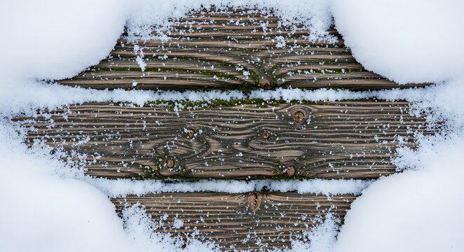 Weathered wooden planks textured with natural grain patterns covered in fresh white snow.