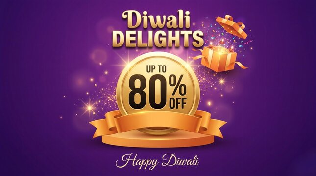 Diwali Delights Sale Banner with Up to 80 Percent Off Gold Badge and Opened Gift Box