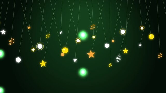 Glowing abstract festive ornaments twinkle and sway on dark green background motion graphic loop anim