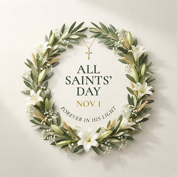 Floral wreath around All Saints Day typography with white lilies and golden cross