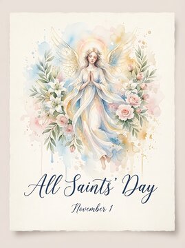 Watercolor angel surrounded by flowers in soft pastel colors for All Saints Day
