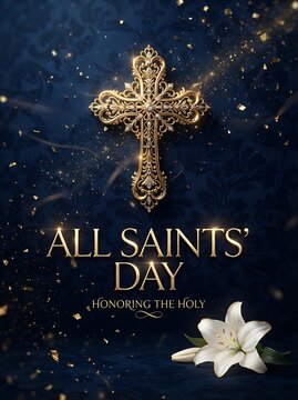 Glowing golden cross above ornate All Saints Day typography with white lily