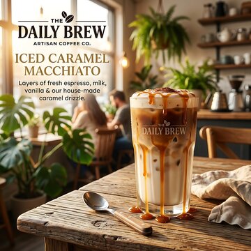 Iced caramel macchiato in tall glass with sweet drizzle on rustic wooden table inside cozy cafe