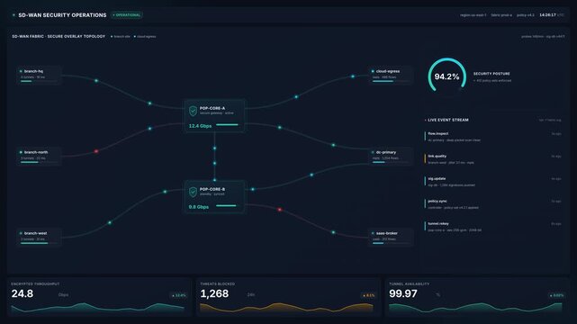 Advanced software dashboard interface for sd-wan security operations in 4k, for cloud computing, data analysis, network security, corporate system administration