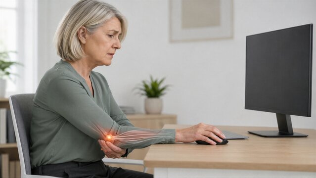 Mature woman holds her elbow beside a computer mouse at a home desk, with a subtle highlight along the forearm to show repetitive use discomfort and workplace ergonomics during desk work.