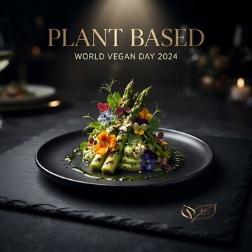 Gourmet vegan dish with green asparagus and edible flowers on black plate