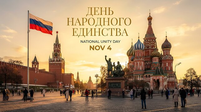 Unity Day celebration at Moscow Red Square with Saint Basil's Cathedral at sunrise