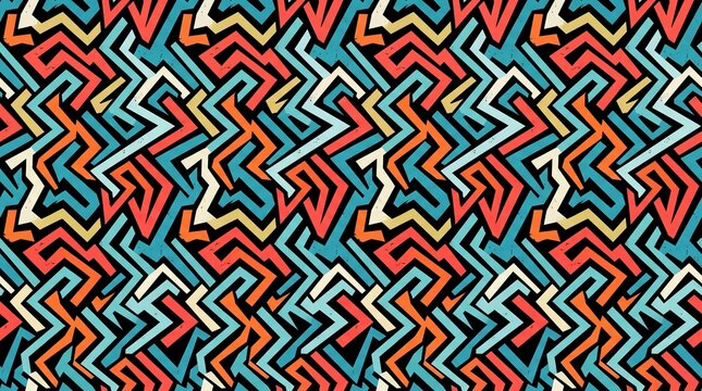 Vibrant abstract geometric pattern with interlocking zig-zag lines in red, blue, and yellow on a black background.