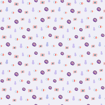 Baby items pattern with pacifiers and cameras