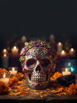 Colorful decorated sugar skull with marigold flowers and glowing candles for Day of the Dead