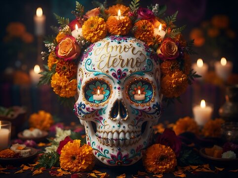 Decorated sugar skull with glowing candles and marigold flowers for Day of the Dead