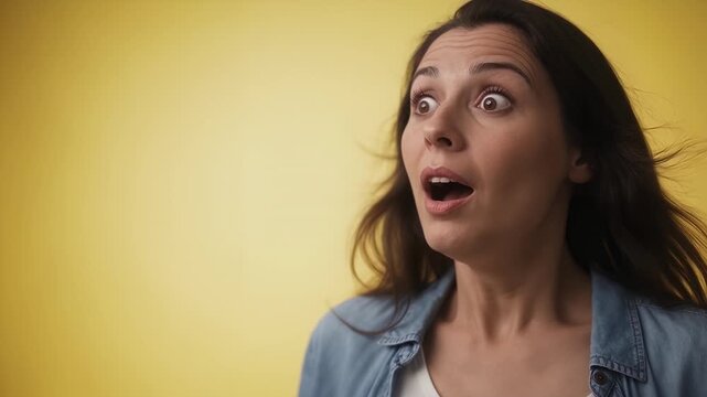 Emotions - European woman with a surprised and shocked expression on a yellow background