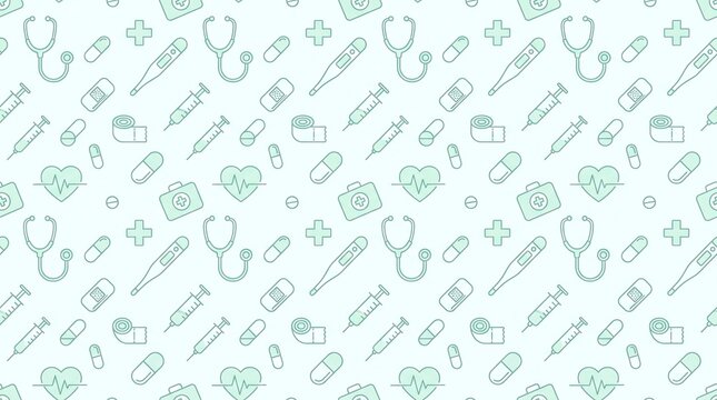 A seamless pattern of medical icons including stethoscopes, syringes, pills, thermometers, and heartbeats on a light blue background.