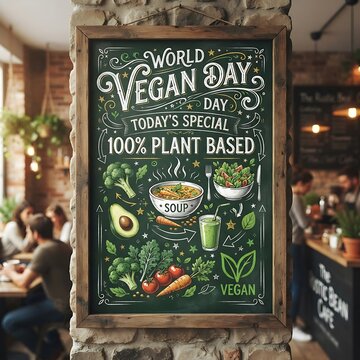 Chalkboard menu advertising World Vegan Day specials with plant based soup and salad