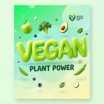 Green World Vegan Day poster with floating vegetables and plant power typography