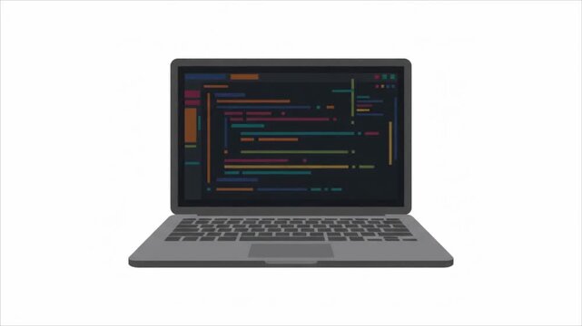 Laptop computer displaying complex software programming code on screen.
