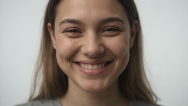 Lifestyle - Close up portrait of a young european woman transitioning from a neutral expression to a warm, bright smile with dimples against a white background