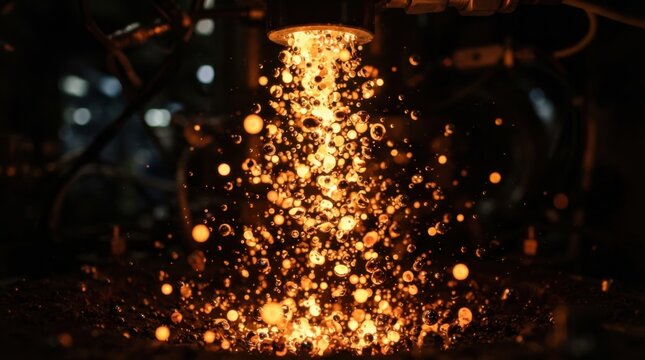 Molten metal atomization process showing droplets solidifying into spherical powder particles for additive manufacturing.