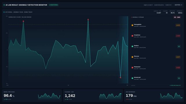 Digital dashboard with laboratory test results anomaly detection in 4k resolution, for medical data analysis, healthcare technology, clinical research, diagnostic