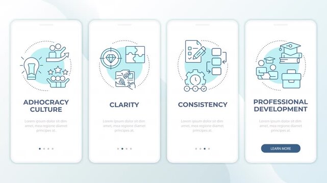 Scalable startup culture framework animated mobile app onboarding. Optimizing employee experience. Welcome screen UI. Carousel walkthrough animation with blue monochrome concept icons