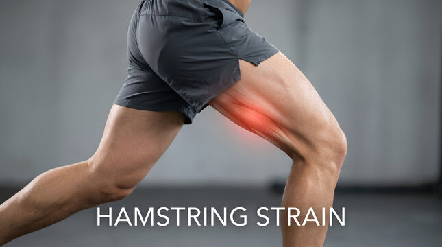 Close-up on a male runner's leg, highlighting a painful hamstring strain. The injured muscle glows red, indicating discomfort and a potential workout injury