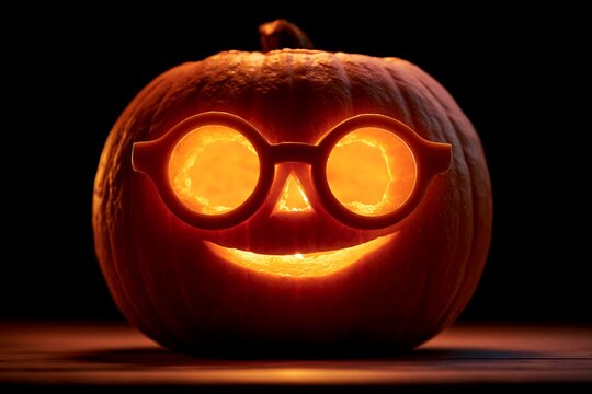 Halloween jack-o'-lantern with spectacles carved (glasses shape), lit, dark background, nerdy and funny
