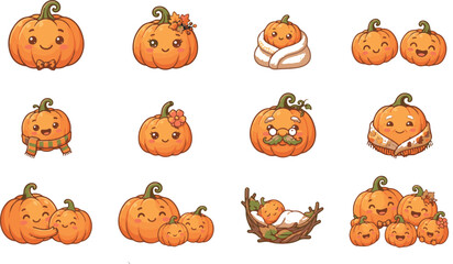 Fototapeta premium Cute Pumpkin Family Character Collection with Decorative Accessories