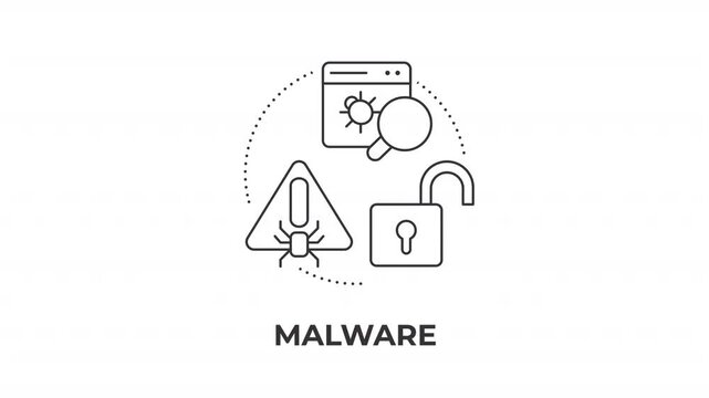 Malware animated line concept icon. Cyberattack prevention strategies. Malicious software warning. Data breach alert system. Flat linear graphic motion. Minimalist black outline animation