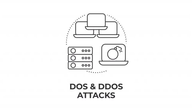 Dos and ddos attacks animated line concept icon. Malicious web traffic overload. Server infrastructure overload risks. Flat linear graphic motion. Minimalist black outline animation