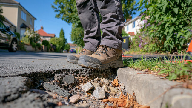 Photo infrastructure inspection scene showing a sunken section of cracked asphalt and visibly displaced curb on a quiet residential street, levelling staff base carefully placed on the pavement, rug