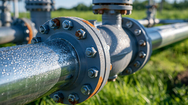 Photo macro of bolted steel pipe flanges and industrial fittings covered with delicate morning dew droplets, subtle rust around bolt heads and edges, small areas of worn protective paint, blurred gr