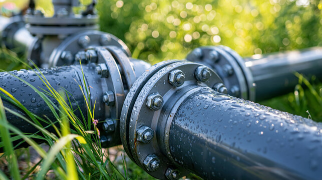 Photo close-up macro of interconnected steel pipe flanges with visible bolts, fresh dew droplets clinging to the metal surfaces, natural oxidation and restrained paint wear, soft green field rendere