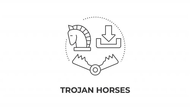 Trojan horses animated line concept icon. Network security vulnerability exploit. Data breach. System infiltration technique. Flat linear graphic motion. Minimalist black outline animation