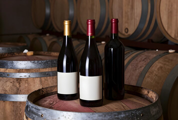 Obraz premium Winemaking and viticulture industry, three red wine bottles with blank labels standing on a wooden barrel in a dark cellar for branding and marketing