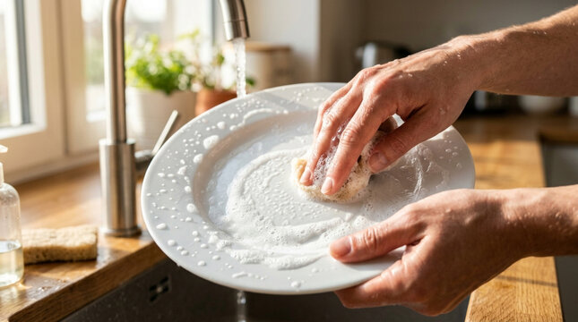 Hand washing a dirty plate with soap and sponge at kitchen sink, cleaning chores