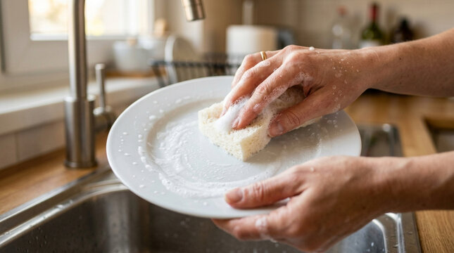 Hand washing a dirty plate with soapy sponge in kitchen sink, close-up