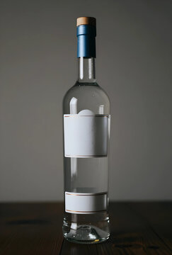 Branding and product design, clear glass bottle with blank labels for mockup on wooden table, beverage packaging and luxury spirits marketing