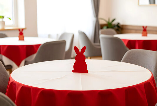 Easter celebration and holiday dining, red rabbit table centerpiece decoration in a restaurant with white tablecloths and modern interior design