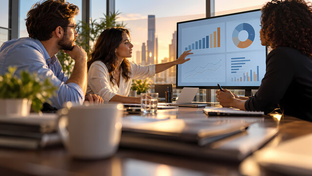 Businesswoman discusses financial charts and performance data with colleagues during a collaborative office meeting at sunset, supporting analysis, strategy, planning and informed business decisions