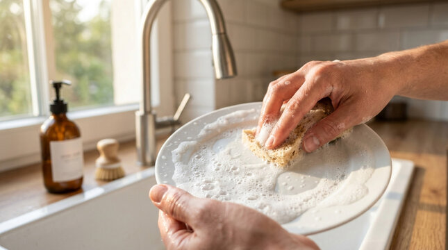 Hand washing a dish with a sponge in a kitchen sink, close-up.