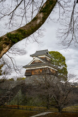 Traditional Japanese castle turret on stone wall framed by bare tree branches under cloudy sky © 肥後　米男