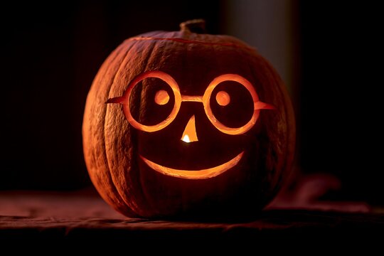 Halloween jack-o'-lantern with spectacles carved (glasses shape), lit, dark background, nerdy and funny