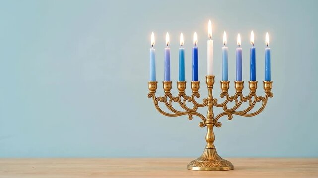 A golden hanukkah menorah with nine lit candles against a light blue background