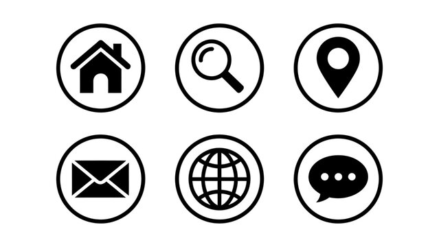 Set of black web icons including home search location email globe and chat bubble isolated on a white background Vector, illustration